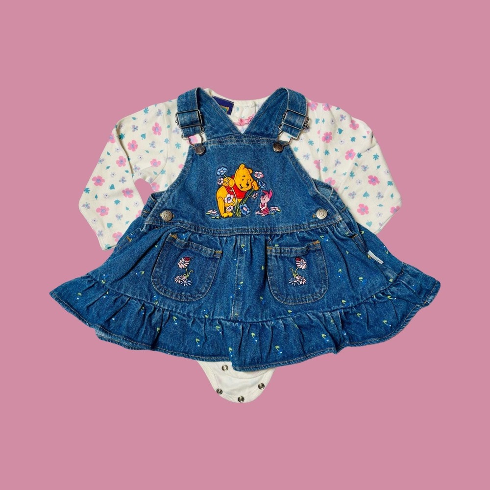 Vintage Winnie the Pooh Floral Denim Dress and Shirt Set, Size 18 Months